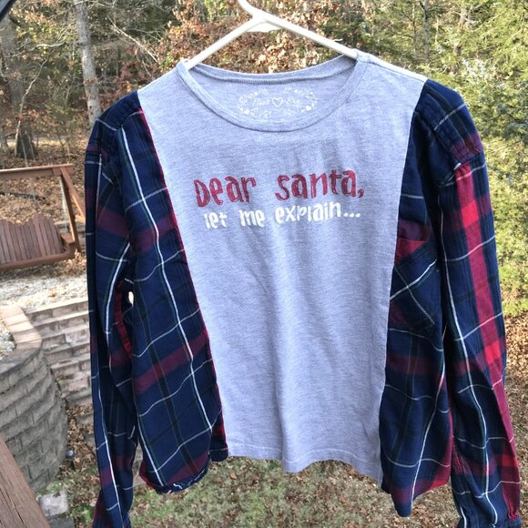Reworked Flannel Tee Christmas, Size S-M: Upcycled Holiday Graphics Plaid Shirt - Picture 4 of 9